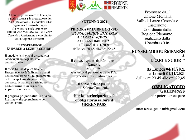 Ancora un corso di Lingua Francoprovenzale nelle Valli di Lanzo prima dell’inverno. Il primo corso dedicato a lettura e scrittura a Cantoira. Ancora un corso di Lingua Francoprovenzale nelle Valli di Lanzo prima dell’inverno. Il primo corso dedicato a lettura e scrittura a Cantoira.